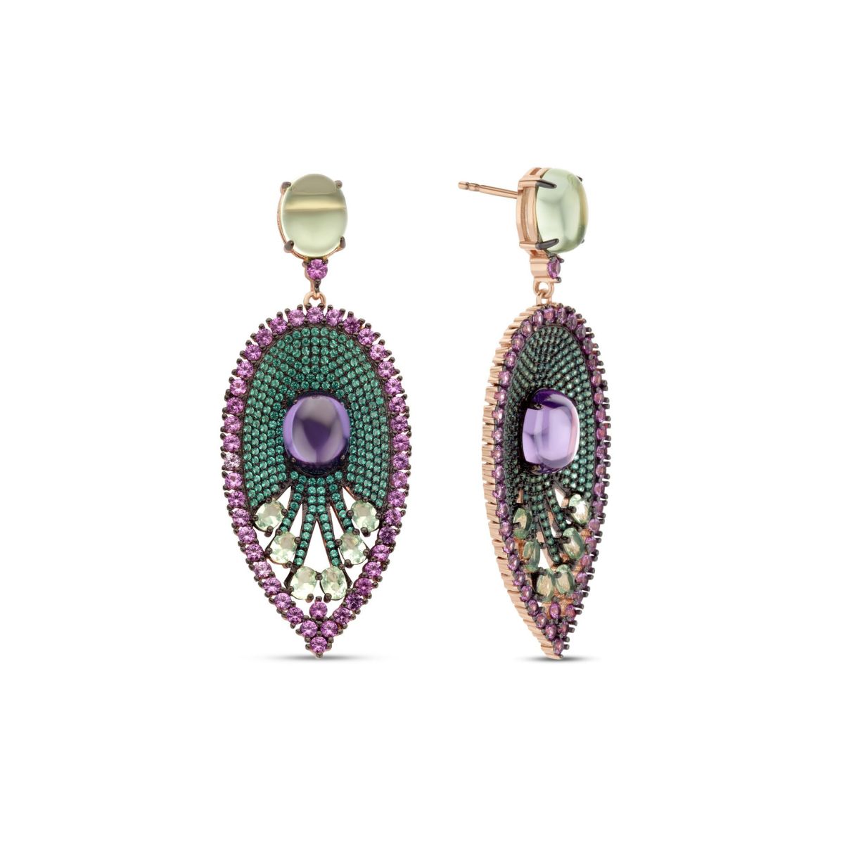 Cercei placati cu aur cu zirconiu verde si roz - 252A0057