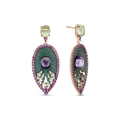 Cercei placati cu aur cu zirconiu verde si roz - 252A0057