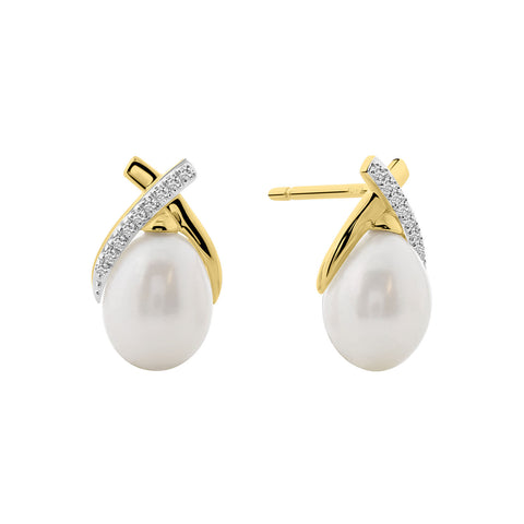 Cercei din aur galben cu perle și diamante F092-77147E011-PR-Y