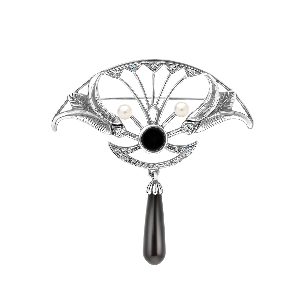 Brosa din argint sterling cu onix si perle