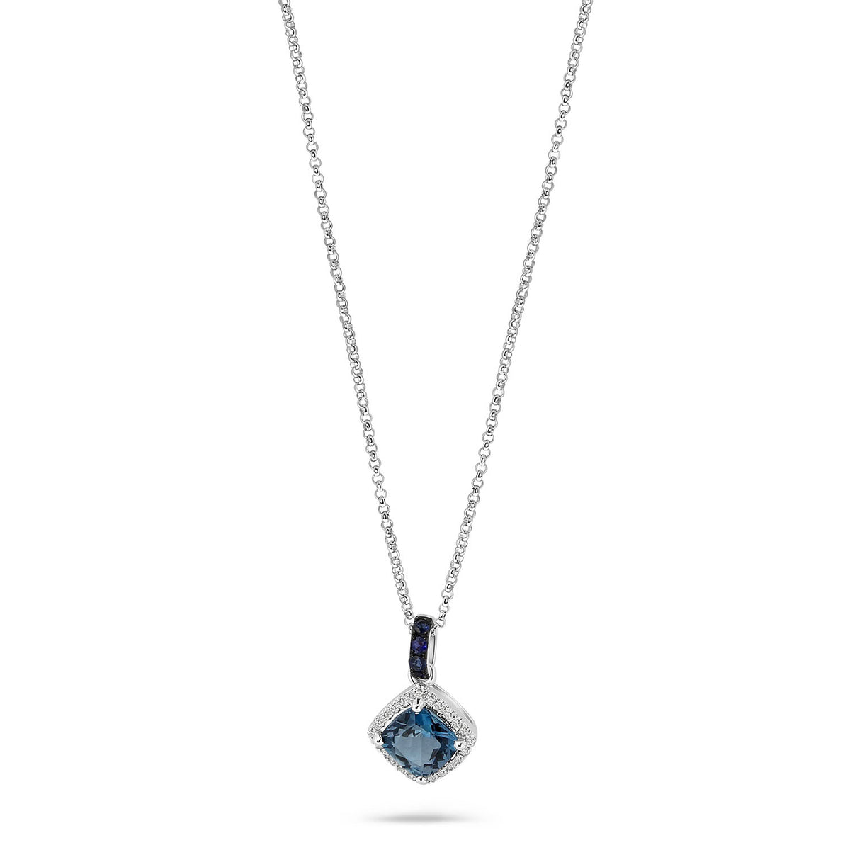 Colier din aur alb cu topaz albastru pernă, safir și diamante ��� N480-NR030449AST-MIX-W