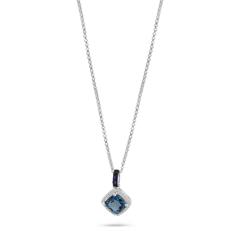 Colier din aur alb cu topaz albastru pernă, safir și diamante ��� N480-NR030449AST-MIX-W