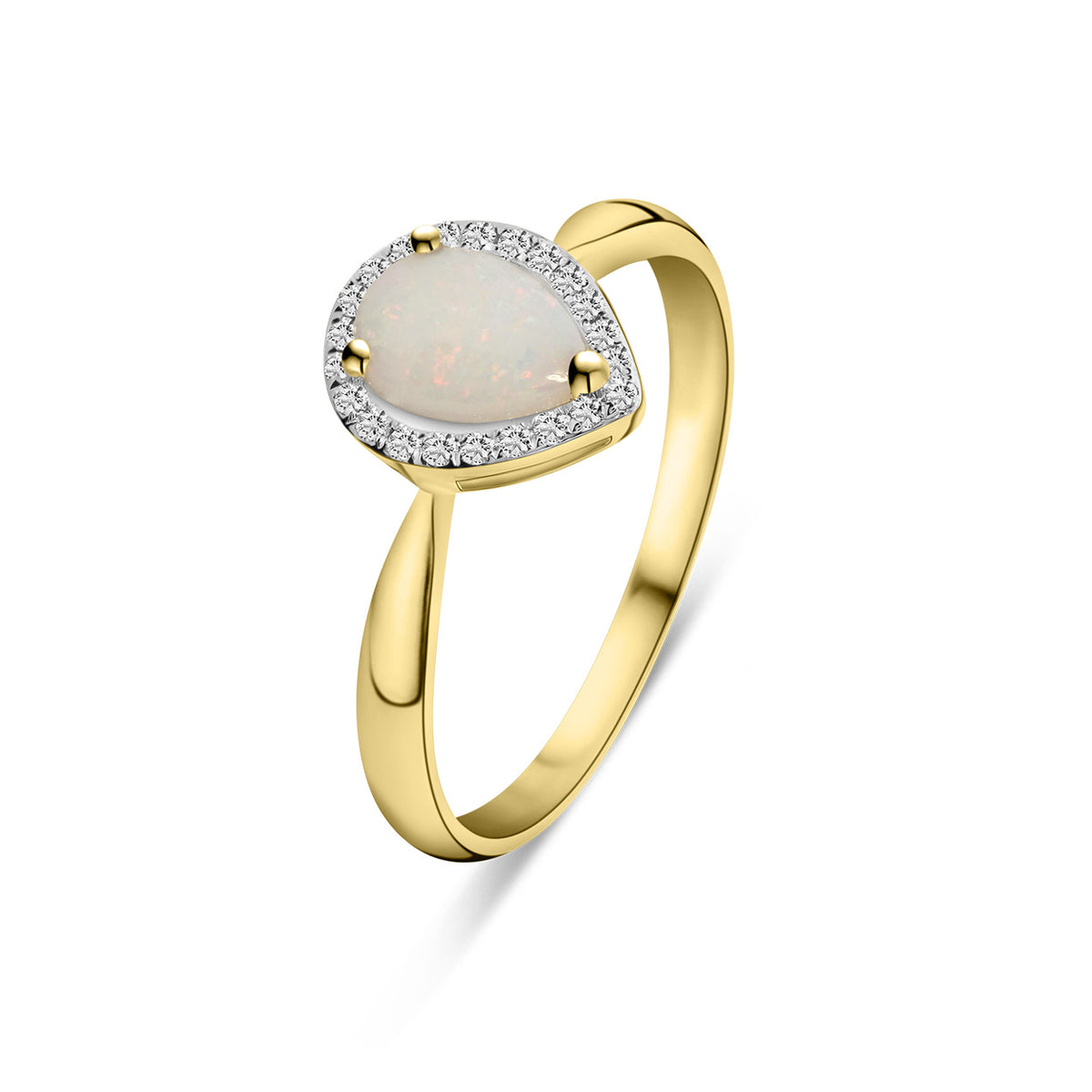 Inel din aur galben cu opal în formă de pară cmp și anturaj de diamante R092-50991R060-OP-Y