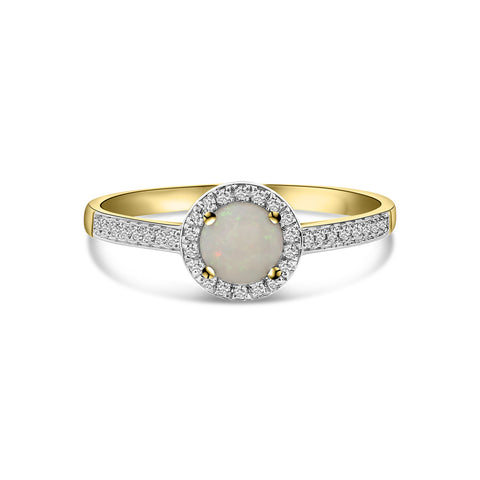 Inel din aur galben cu opal rotund cmp și anturaj de diamante R092-50994R013-OP-Y