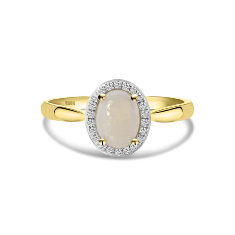 Inel din aur galben cu cmp opal oval și anturaj de diamante R092-57117R005-OP-Y