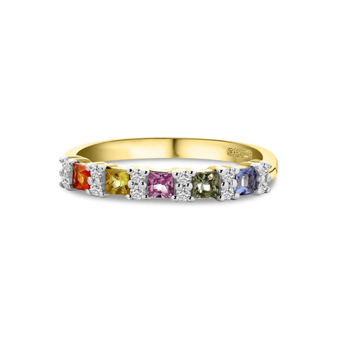 Inel glisant din aur galben cu pietre de safir colorate și diamante R092-80043R001-SA-Y