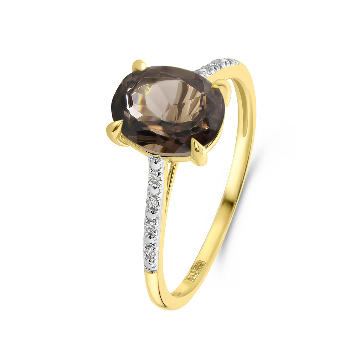 Inel din aur galben cu cuarț fumuriu oval și diamante R092-86614R001-SQ-Y