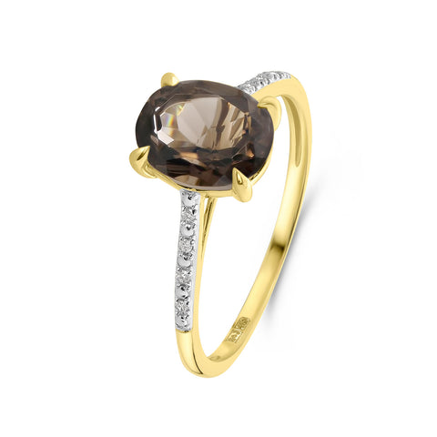 Inel din aur galben cu cuarț fumuriu oval și diamante R092-86614R001-SQ-Y