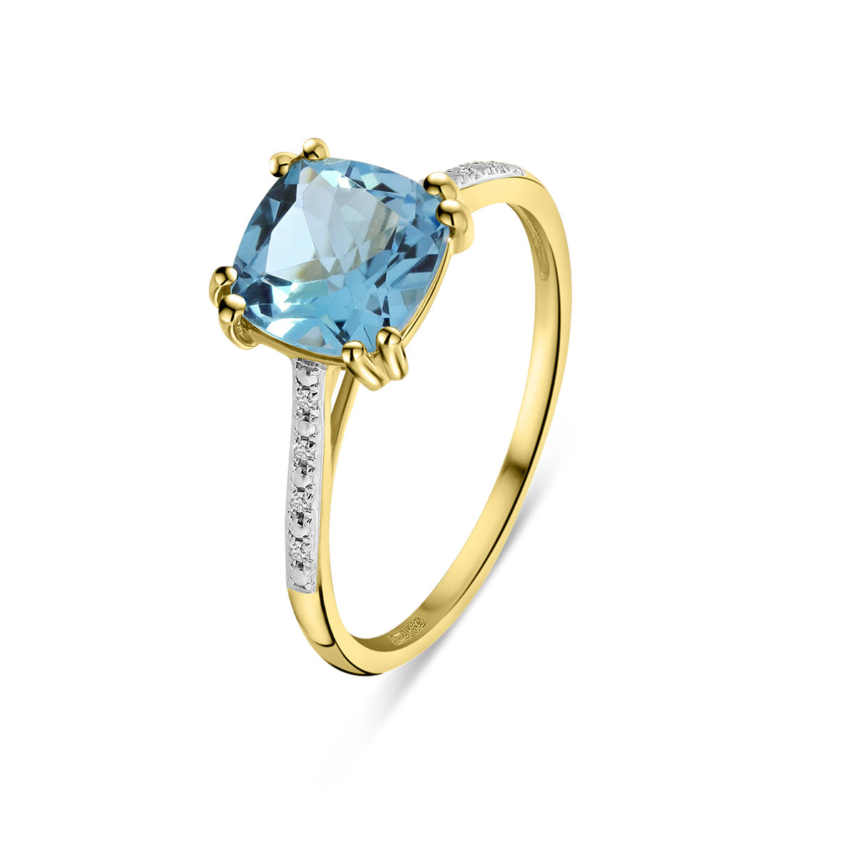 Inel din aur galben cu topaz albastru deschis și diamante R092-86616R012-BT-Y