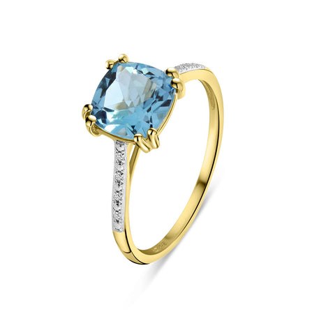 Inel din aur galben cu topaz albastru deschis și diamante R092-86616R012-BT-Y