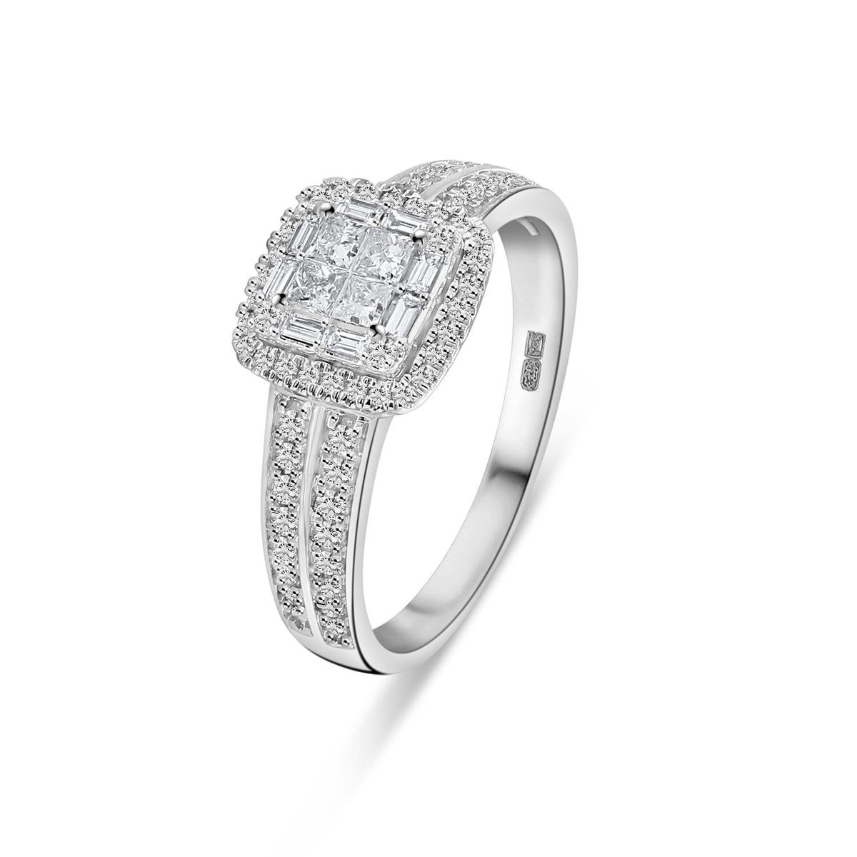Inel din aur alb cu prințesă, baghetă și diamante strălucitoare cultivate în laborator - R159-R18YV0166-FLG-W