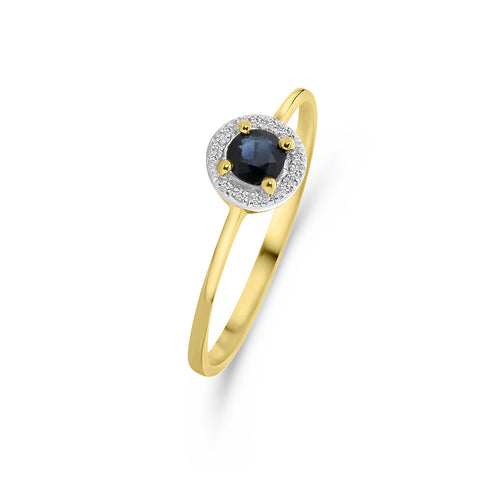 Inel din aur galben cu anturaj de safir și diamante R382-R304204-SA-Y