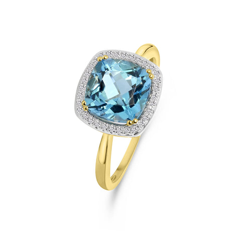 Inel din aur galben cu topaz albastru deschis și anturaj de diamante R382-R304357BLT-BT-Y