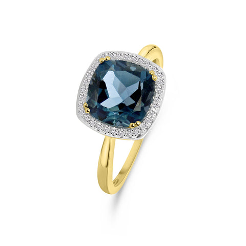 Inel din aur galben cu topaz albastru închis și anturaj de diamante R382-R304357LDB-BT-Y