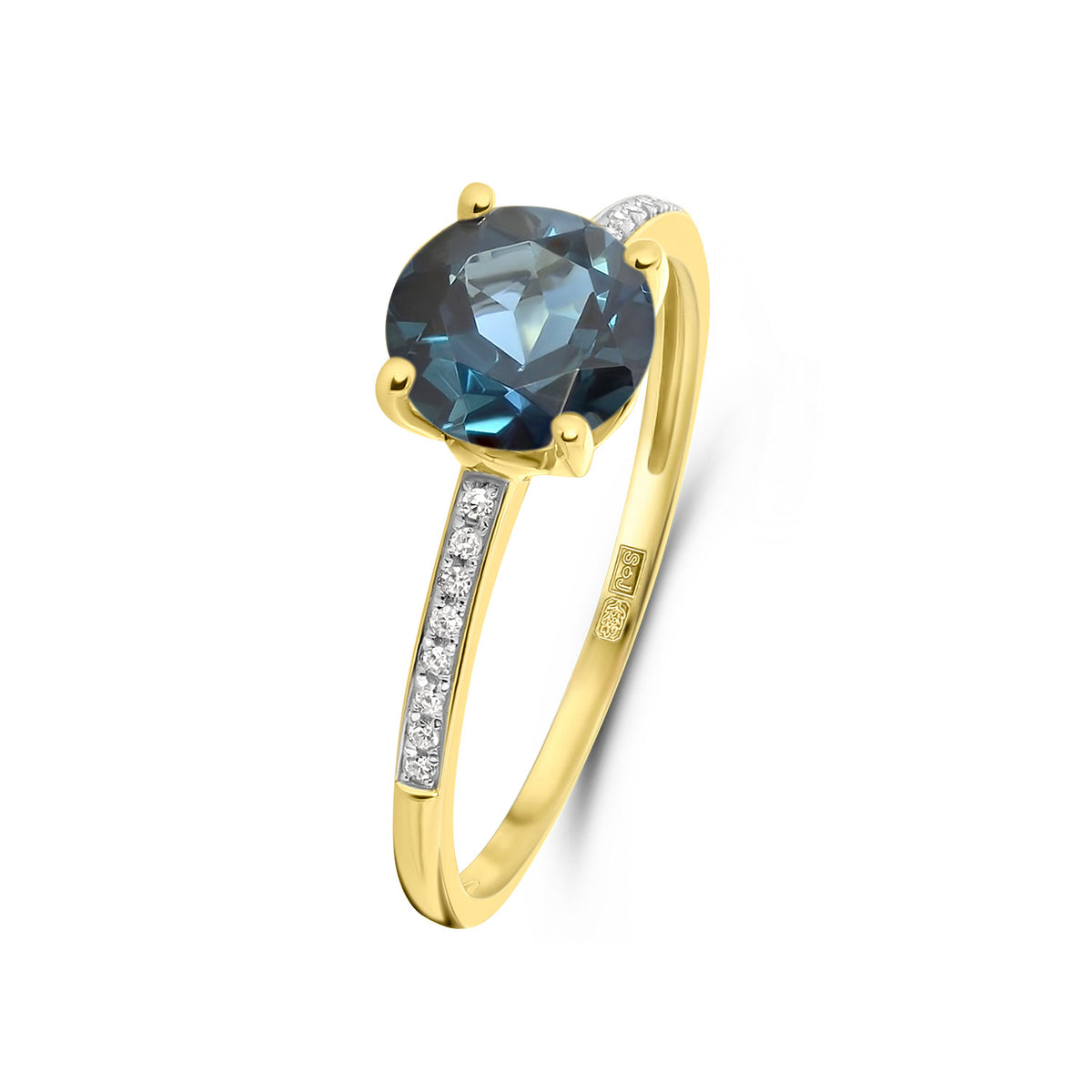 Inel din aur galben cu topaz albastru închis și diamante R382-R317413LDB-BT-Y