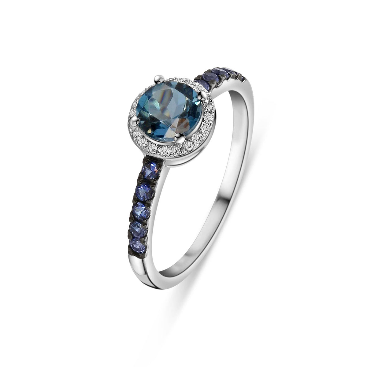 Inel din aur alb cu topaz albastru si diamante R480-RR030448AST-MIX-W